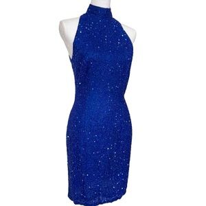 Riazee Blue Beaded Sequin Embellished Halter Dress